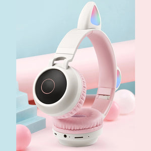 Megoo draadloze kinder koptelefoon met led katoortjes licht grijs - roze