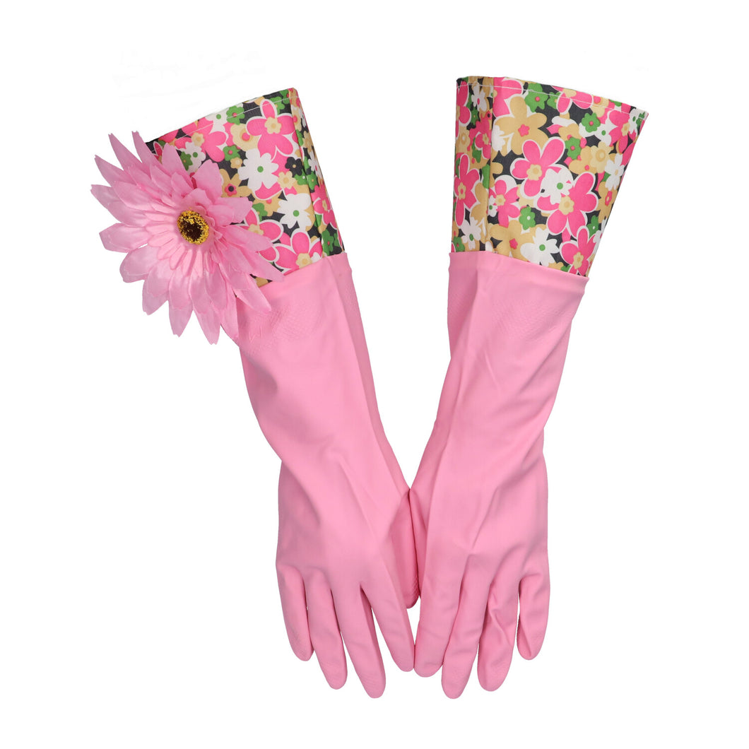 Huishoudhandschoenen fantasie roze met bloem - moederdag cadeau