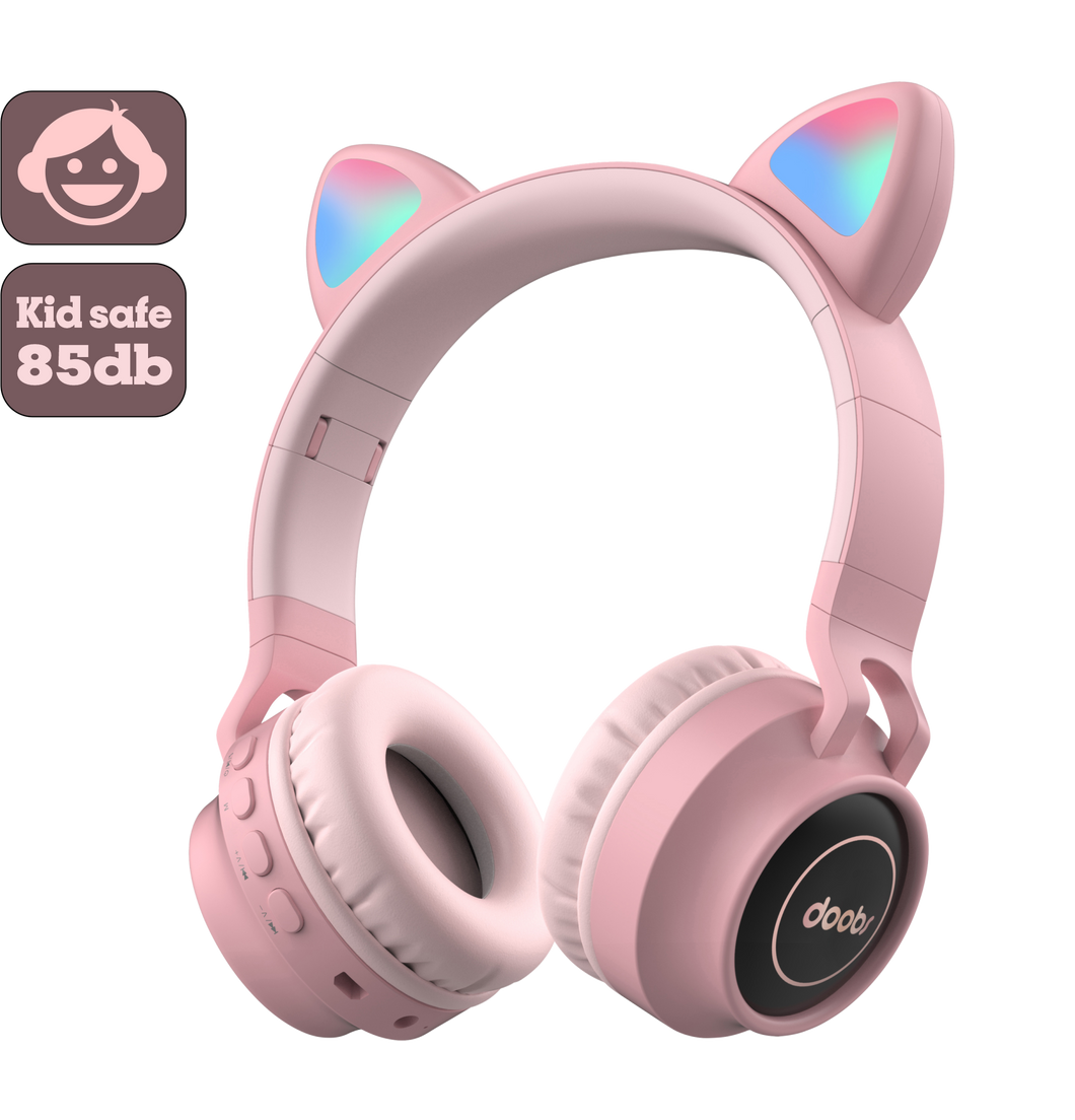 doobs draadloze kinder koptelefoon met led katoortjes roze - 85 Db VOLUME BEGRENZING