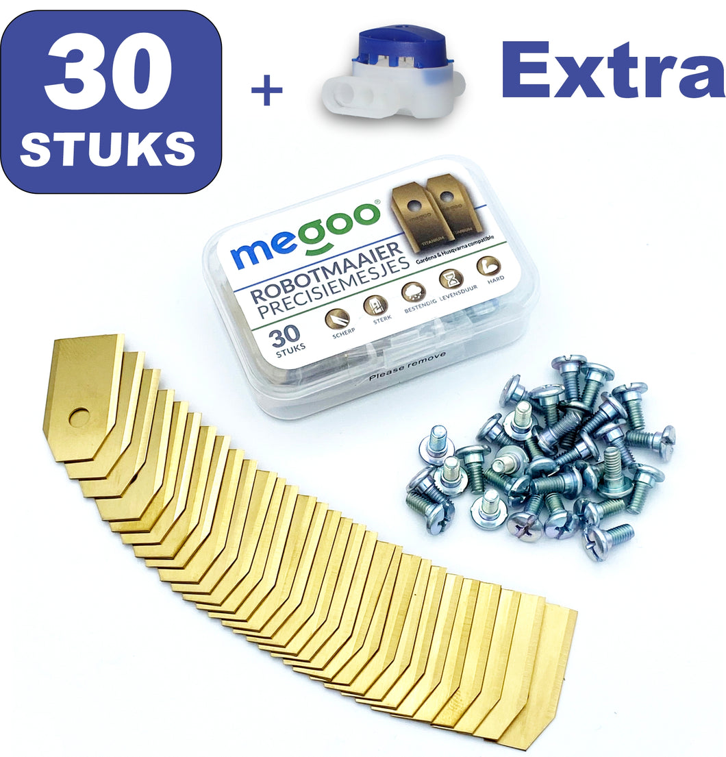 Megoo robotmaaier mesjes titanium 30 st voor Husqvarna en Gardena robotmaaiers in plastic box + GELCONNECTOR