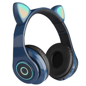 Megoo draadloze kinder koptelefoon kitty cat met led katoortjes donker blauw