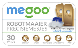 Megoo robotmaaier mesjes titanium 30 st voor Husqvarna en Gardena robotmaaiers in plastic box + GELCONNECTOR